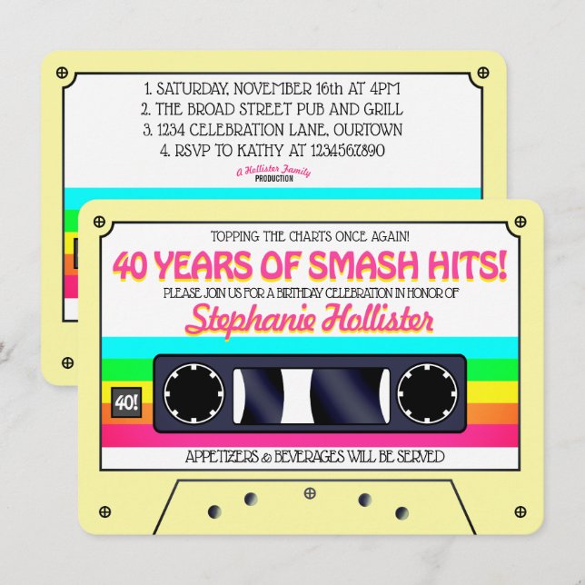 Invitation Cassette Étiquette des années 80 Retro Neon (Devant / Derrière)