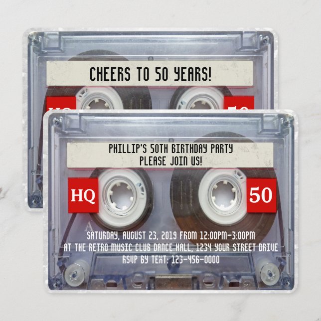 Invitation Cassette Mixtape 50e anniversaire des années 80 (Devant / Derrière)