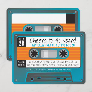 Invitation CASSETTE TAPE disco moderne anniversaire aqua bleu