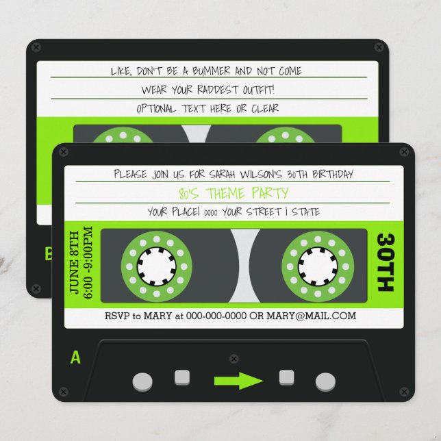 Invitation Cassette verte Retro 80s Anniversaire (Devant / Derrière)