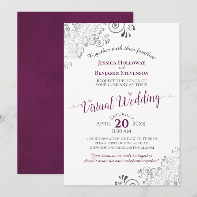 Invitation Cassis en argent Lacy violet et blanc Mariage virt (Devant / Derrière)