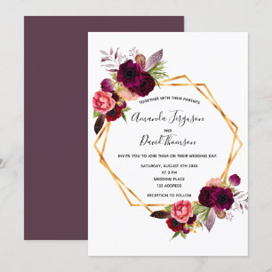 Invitation Cassis flores bordeaux or mariage géométrique