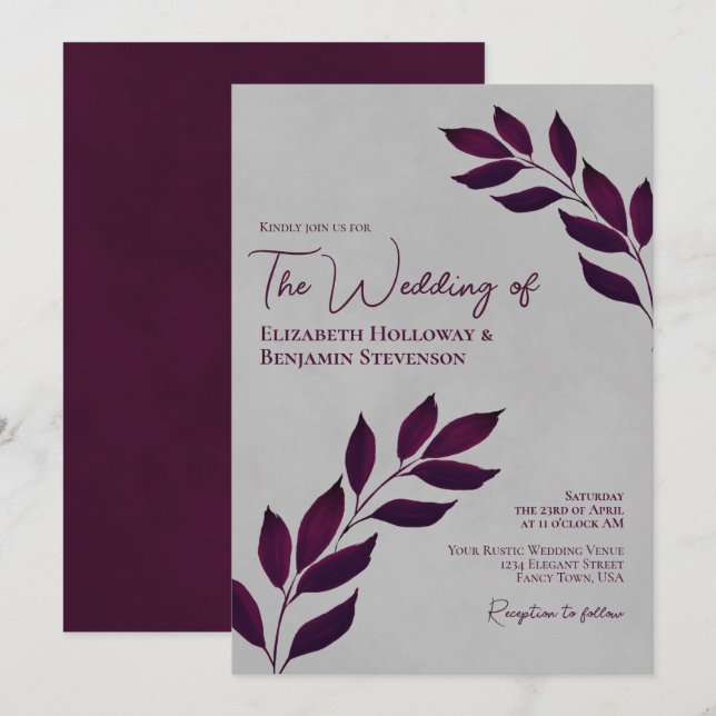 Invitation Cassis mauve Feuilles élégant Mariage gris (Devant / Derrière)