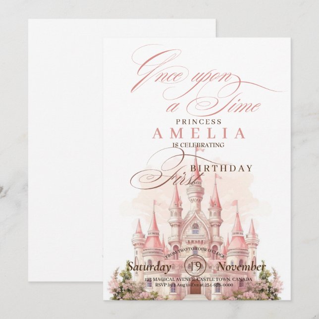 Invitation Castle Princess Pink 1ère fête d'anniversaire (Devant / Derrière)