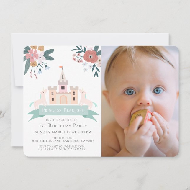 Invitation Castle Princess Unicorn Floral 1er Anniversaire Ph (Devant)