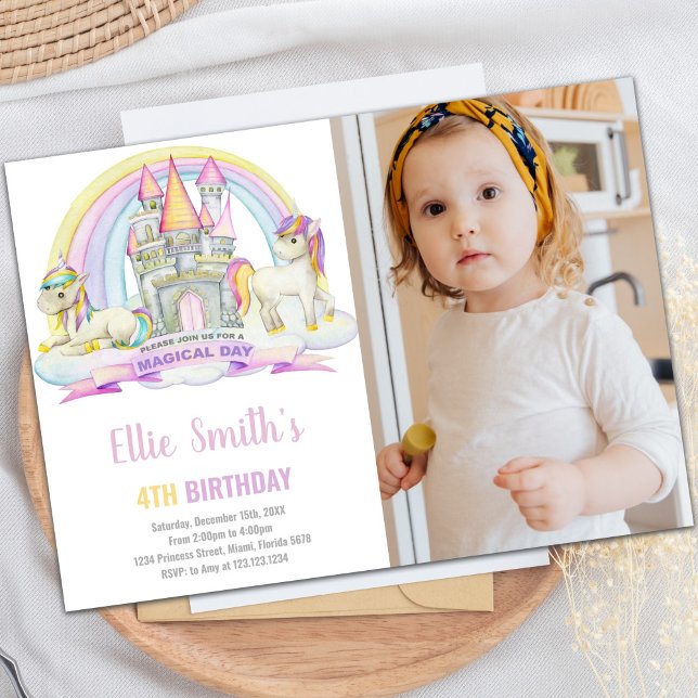 Invitation Castle Under Rainbow Unicorn photo d'anniversaire (Castle Under Rainbow Unicorn Birthday photo Invitation)