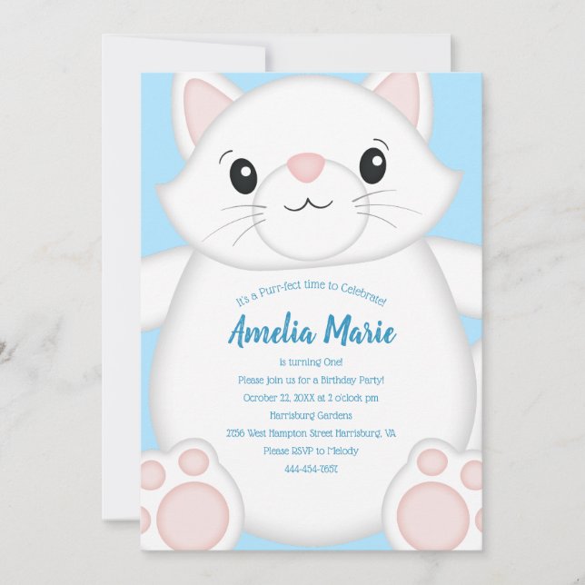 Invitation Cat Anniversaire Fête Kitty Blue (Devant)