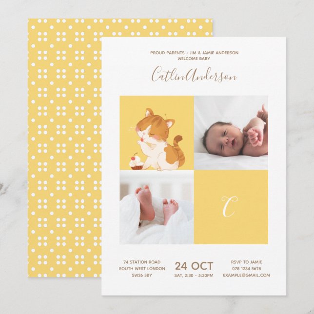 Invitation Cat Cupcake ・ Alphabet Monogramme Baby shower mign (Devant / Derrière)