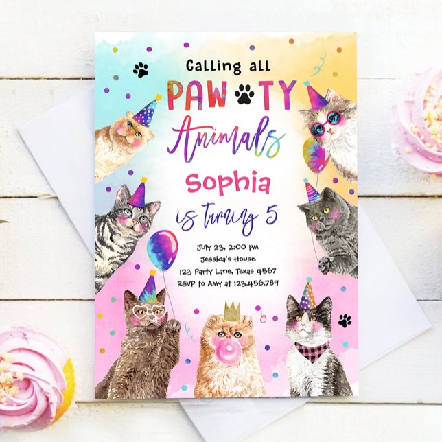 Invitation Cat Kitten Party Pawty Animaux Fille Anniversaire (Créateur téléchargé)