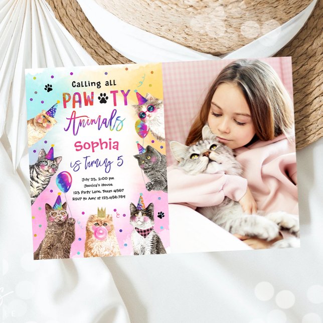 Invitation Cat Kitten Party Pawty Animaux Fille Anniversaire (Créateur téléchargé)