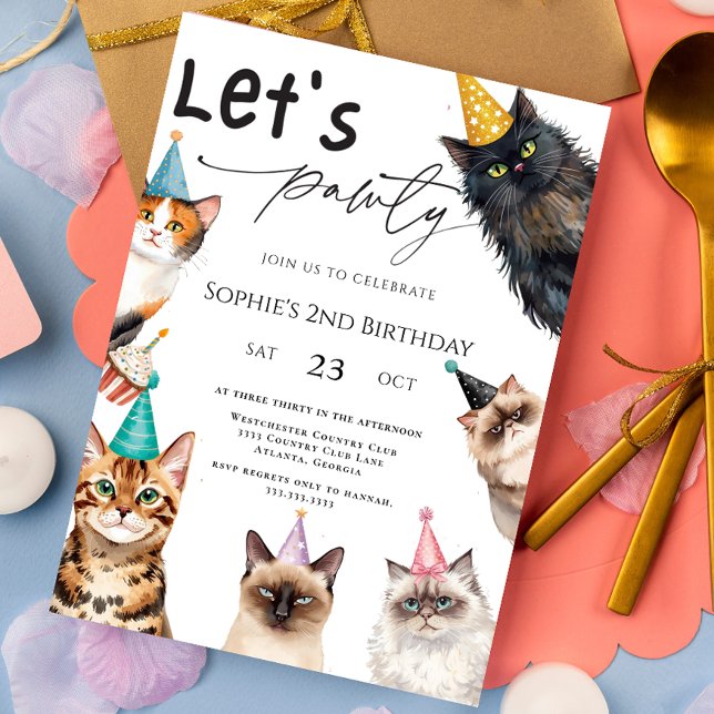 Invitation Cat Let's Pawty Kitten mignon 2e anniversaire (Créateur téléchargé)