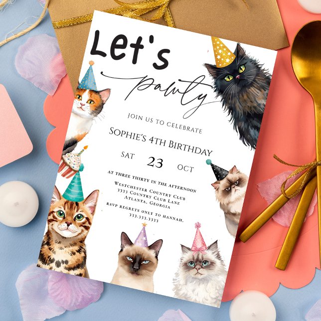 Invitation Cat Let's Pawty Kitten mignon 4e anniversaire (Créateur téléchargé)