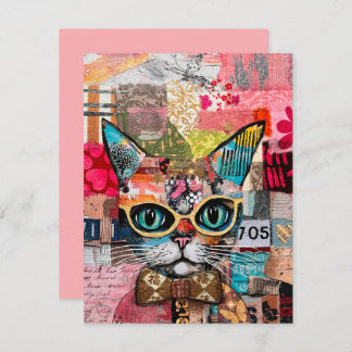 Invitation Cat Mixed Mixed Paper Collage Greeting Card