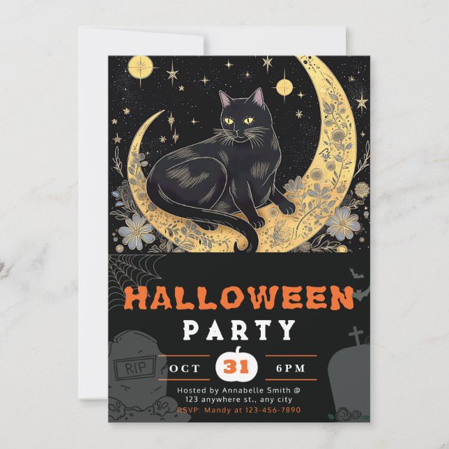 Invitation Cat noir croissant lune florale Halloween noir (Devant)