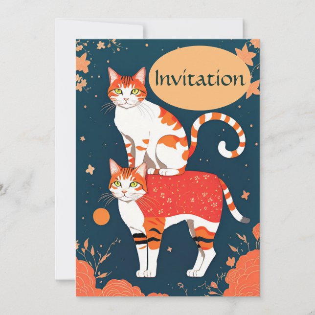 Invitation cat piggybacking ginger on dark teal (Front)