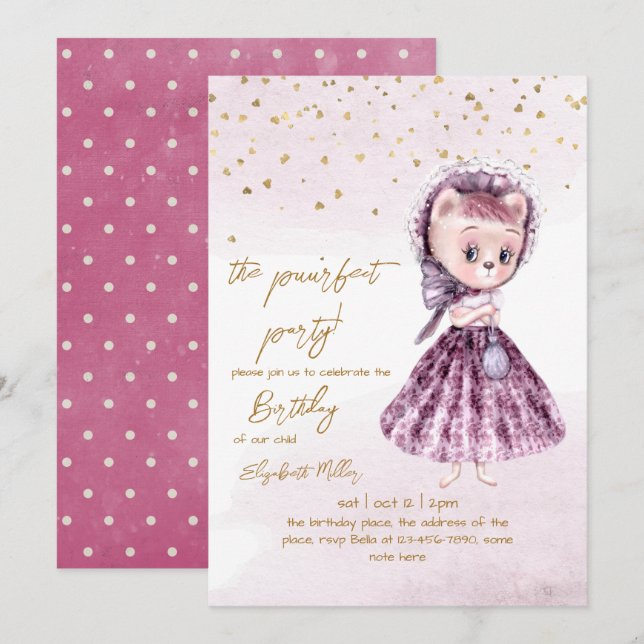 Invitation Cat Puur-fect Party Girl 2e anniversaire (Devant / Derrière)