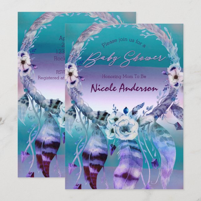 Invitation Catcher de rêve Turquoise et violet Boho Baby show (Devant / Derrière)