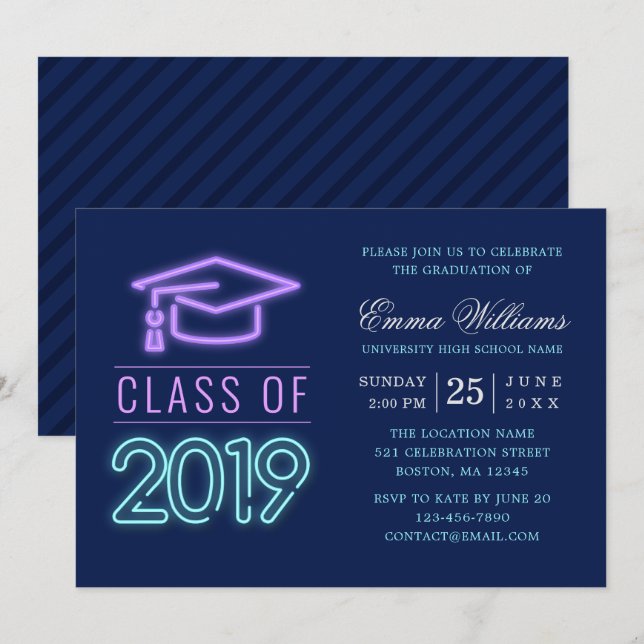 Invitation Catégorie 2019 | Moderne Cool Neon Blue Graduation (Devant / Derrière)