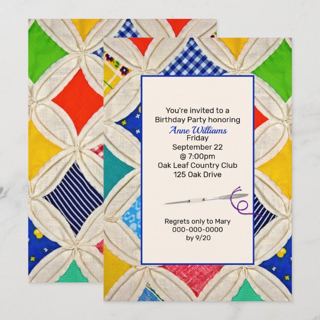 Invitation Cathedral Window Quilt Anniversaire (Devant / Derrière)