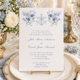 Invitation Catholic Bleu Floral Religieux Marie Mariage