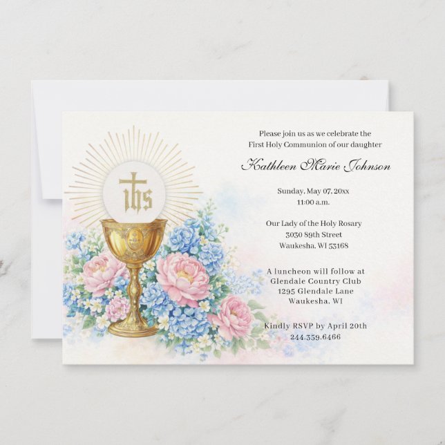 Invitation Catholic First Communion Chalice Host Floral (Devant)
