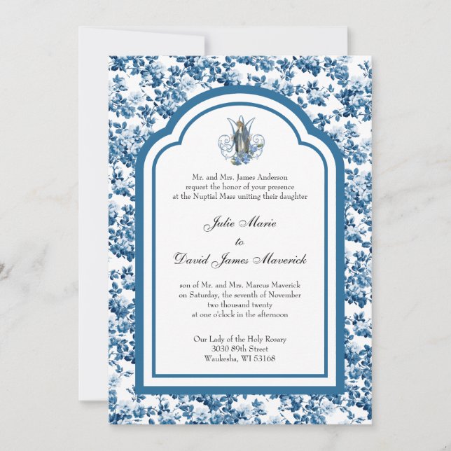 Invitation Catholique Bleu Vierge Marie Mariage (Devant)