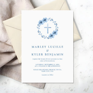 Invitation Catholique Dusty Blue Floral Cross Mariage