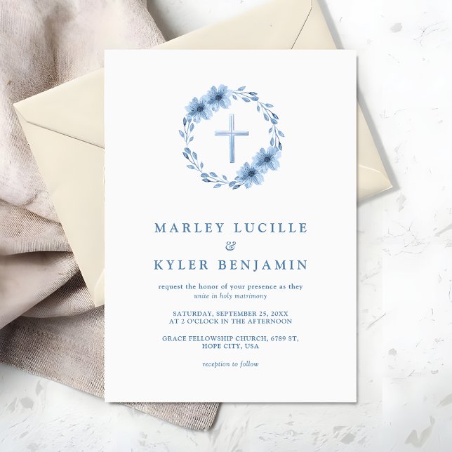 Invitation Catholique Dusty Blue Floral Cross Mariage (Créateur téléchargé)
