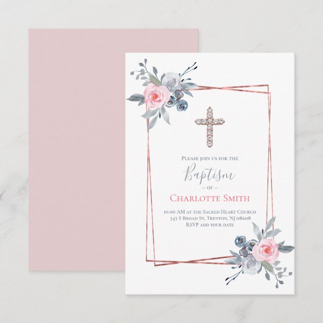 Invitation Catholique fille Baptême conception de cadre flora (Devant / Derrière)