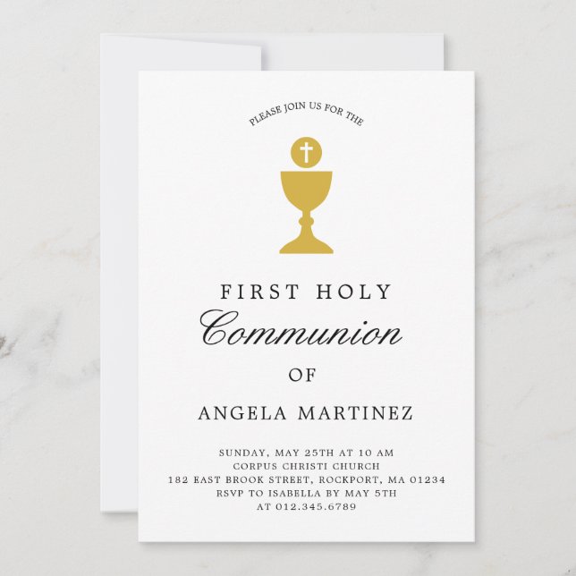 Invitation Catholique Première Communion Gold et White Invita (Devant)