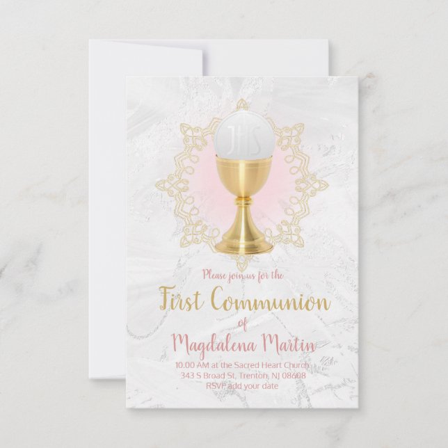 Invitation catholique première communion gris rose design (Devant)