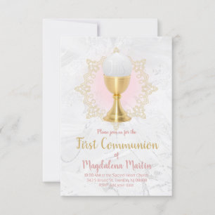Invitation catholique première communion gris rose design