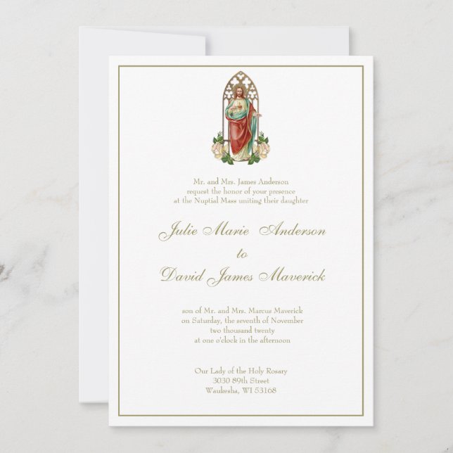Invitation Catholique Sacré Coeur Jésus Mariage Rose (Devant)