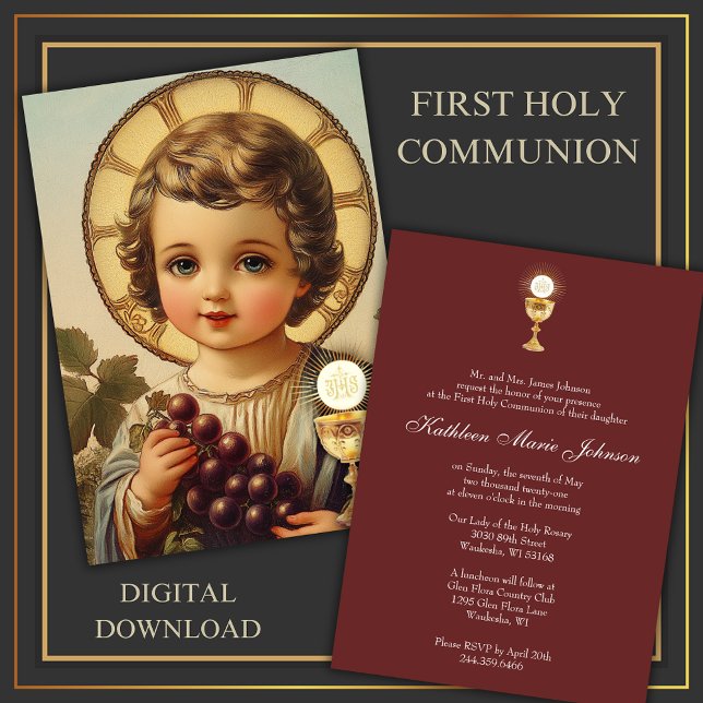 Invitation Catholique Sainte Communion Enfant Jésus Raisins (Créateur téléchargé)