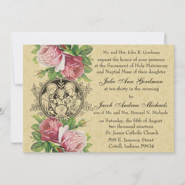 Invitation Catholique Sainte Famille Rose Roses Mariage (Devant)