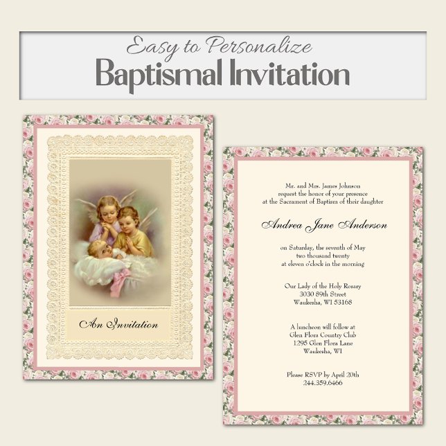 Invitation Catholique Vintage fille Baptême Christening Angel (Beautiful religious vintage angels baptismal invitation with pink roses)