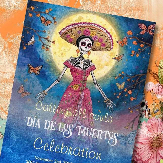 Invitation Catrina colorée sous la Pleine lune Jour des morts (Vibrant Catrina under full moon with monarchs — Día de los Muertos folk art invitation.)