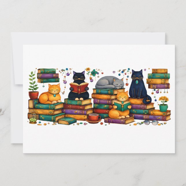 Invitation Cats Reading Books Cozy Library Scene (Devant)
