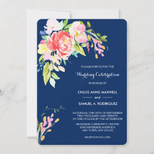 Invitation Cattails et Floral sur Mariage bleu marine