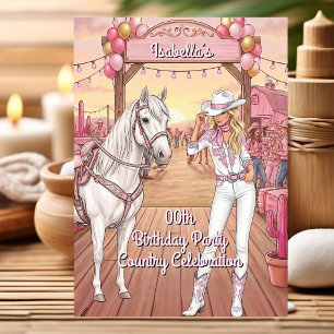 Invitation Cavalière Cheval Rose Blanc Ranch Fête d'anniversa