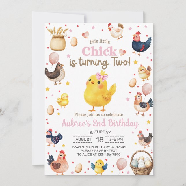 Invitation Ce petit poussin fait deux filles 2e anniversaire (Devant)