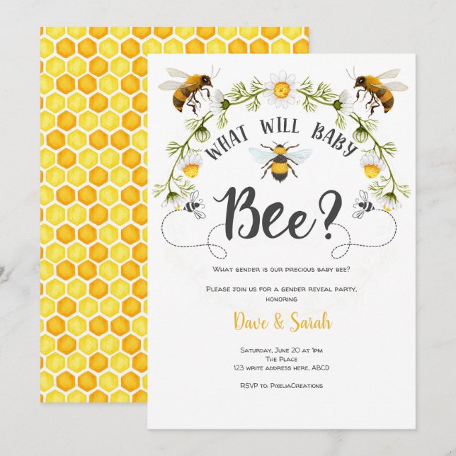 Invitation Ce que le bébé sera, le genre d'abeilles révèle (Devant / Derrière)