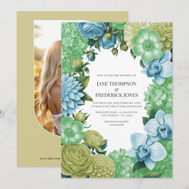 Invitation Celadon Mist, Soft Fern & Porcelain Blue Wedding (Devant / Derrière)