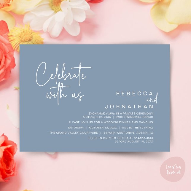 Invitation Celebrate with us, Modern Boho Wedding Reception  (Celebrate with us, Modern Boho Wedding Reception Invitation Card PDF Dusty Blue)
