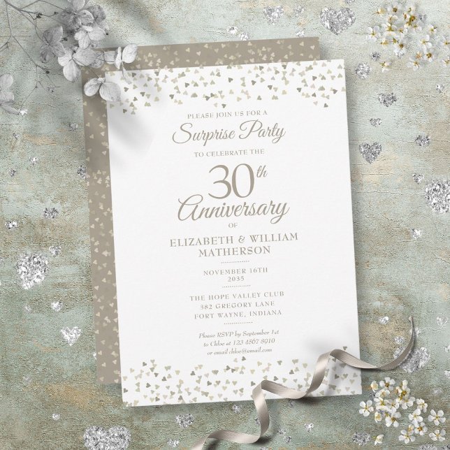 Invitation Célébration 30 ans de mariage Cœurs Confettis (Surprise 30th Wedding Anniversary Hearts Confetti Invitation)