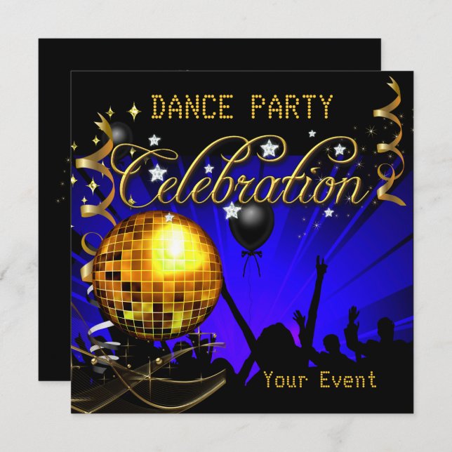 Invitation Célébration Blue Gold Dance Party Disco Ball (Devant / Derrière)