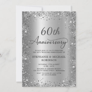 Invitation Célébration chic argent paillettes métal 60 ans de