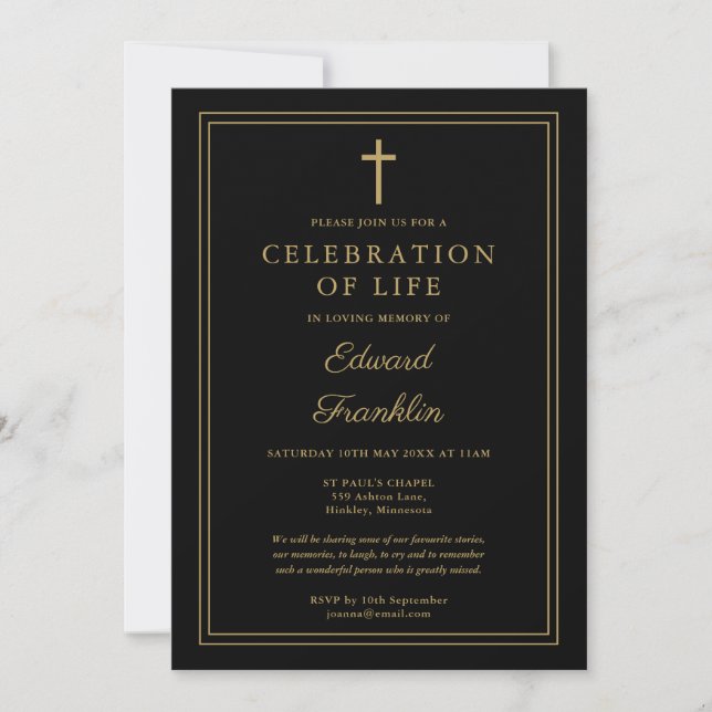Invitation Célébration Chrétienne Noire Et Or De La Vie (Devant)