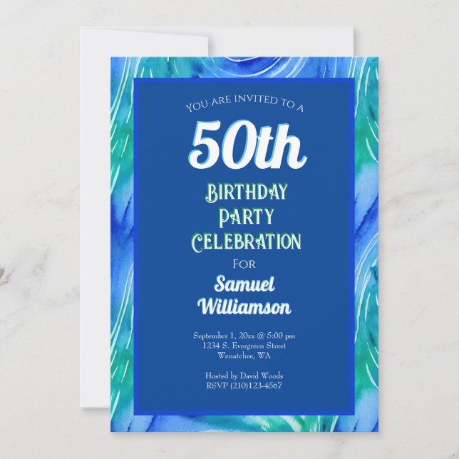 Invitation Célébration d'anniversaire 50 ans Bleu et Vert (Devant)
