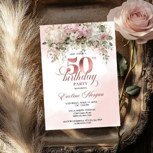 Invitation Célébration d'anniversaire de 50 ans Chic Rose Gol